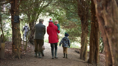 Visitors on the festive Christmas trail in the parkland at Basildon Park, Berkshire